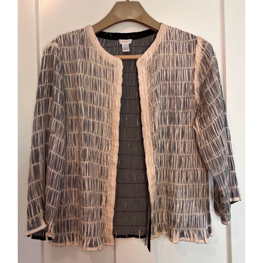 Chicos Womens Open Front Cardigan Jacket Gray Ivory Waist Length Pintucked 1 MED